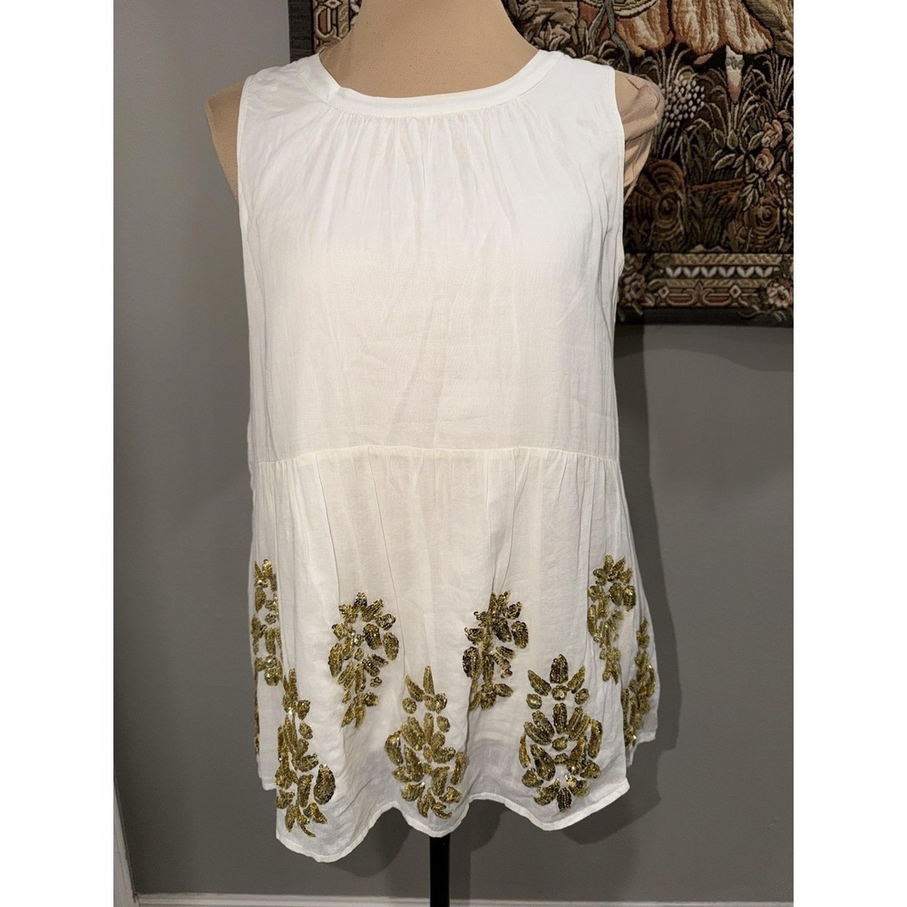 Maeve By Anthropologie Blouse Womens Medium White Sequin Floral Tunic Top